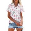 imagesiliteelon Womens Button Down Shirts Short Sleeve Summer Linen V Neck Collared Hawaiian Floral Print Casual Blouse TopsPink Green Flower