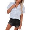 imagesiliteelon Womens Cotton Button Down Shirts Short Sleeve Striped Fitted Dress Shirt Collared Blouse Office Work TopBlue and White
