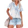 imagesiliteelon Womens Button Down Shirts Short Sleeve Summer Linen V Neck Collared Hawaiian Floral Print Casual Blouse TopsA White Green Flower