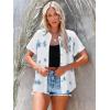 imagesiliteelon Womens Button Down Shirts Short Sleeve Summer Linen V Neck Collared Hawaiian Floral Print Casual Blouse TopsAll White Blue Flower