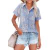 imagesiliteelon Womens Button Down Shirts Short Sleeve Summer Linen V Neck Collared Hawaiian Floral Print Casual Blouse TopsB Blue White Floral