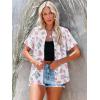 imagesiliteelon Womens Button Down Shirts Short Sleeve Summer Linen V Neck Collared Hawaiian Floral Print Casual Blouse TopsPink Green Flower