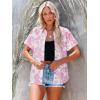 imagesiliteelon Womens Button Down Shirts Short Sleeve Summer Linen V Neck Collared Hawaiian Floral Print Casual Blouse TopsWhite Pink Floral