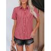 imagesiliteelon Womens Cotton Button Down Shirts Short Sleeve Striped Fitted Dress Shirt Collared Blouse Office Work TopDark Red Striped