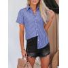 imagesiliteelon Womens Cotton Button Down Shirts Short Sleeve Striped Fitted Dress Shirt Collared Blouse Office Work TopDeep Blue Striped