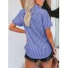 imagesiliteelon Womens Cotton Button Down Shirts Short Sleeve Striped Fitted Dress Shirt Collared Blouse Office Work TopDeep Blue Striped