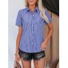 imagesiliteelon Womens Cotton Button Down Shirts Short Sleeve Striped Fitted Dress Shirt Collared Blouse Office Work TopDeep Blue Striped