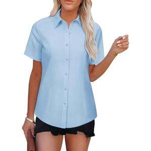 imageWomens Button Down Shirts Short Sleeve Fitted Button Up Dress Shirt Solid Collared Blouse Wrinkle Free Work Business TopA Light Blue