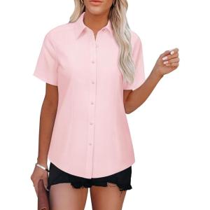 imageWomens Button Down Shirts Short Sleeve Fitted Button Up Dress Shirt Solid Collared Blouse Wrinkle Free Work Business TopA Light Pink
