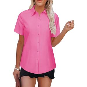imageWomens Button Down Shirts Short Sleeve Fitted Button Up Dress Shirt Solid Collared Blouse Wrinkle Free Work Business TopA Rose Red