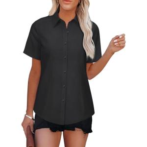 imageWomens Button Down Shirts Short Sleeve Fitted Button Up Dress Shirt Solid Collared Blouse Wrinkle Free Work Business TopAll Black