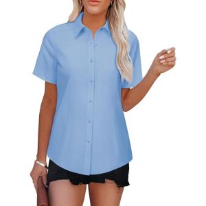 imageWomens Button Down Shirts Short Sleeve Fitted Button Up Dress Shirt Solid Collared Blouse Wrinkle Free Work Business TopBlue
