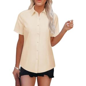 imageWomens Button Down Shirts Short Sleeve Fitted Button Up Dress Shirt Solid Collared Blouse Wrinkle Free Work Business TopCream