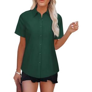 imageWomens Button Down Shirts Short Sleeve Fitted Button Up Dress Shirt Solid Collared Blouse Wrinkle Free Work Business TopDark Green