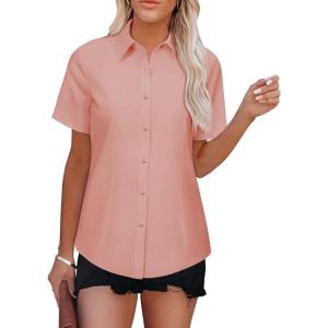 imageWomens Button Down Shirts Short Sleeve Fitted Button Up Dress Shirt Solid Collared Blouse Wrinkle Free Work Business TopDark Pink