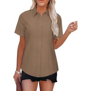 imageWomens Button Down Shirts Short Sleeve Fitted Button Up Dress Shirt Solid Collared Blouse Wrinkle Free Work Business TopLight Khaki
