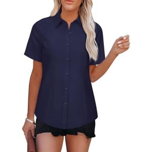 imageWomens Button Down Shirts Short Sleeve Fitted Button Up Dress Shirt Solid Collared Blouse Wrinkle Free Work Business TopNavy Blue