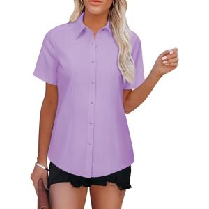 imageWomens Button Down Shirts Short Sleeve Fitted Button Up Dress Shirt Solid Collared Blouse Wrinkle Free Work Business TopPurple