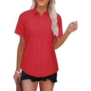 imageWomens Button Down Shirts Short Sleeve Fitted Button Up Dress Shirt Solid Collared Blouse Wrinkle Free Work Business TopRed