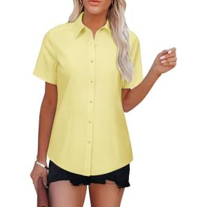 imageWomens Button Down Shirts Short Sleeve Fitted Button Up Dress Shirt Solid Collared Blouse Wrinkle Free Work Business TopYellow