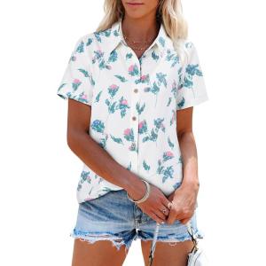 imagesiliteelon Womens Button Down Shirts Short Sleeve Summer Linen V Neck Collared Hawaiian Floral Print Casual Blouse TopsA Green White Floral