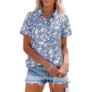 imagesiliteelon Womens Button Down Shirts Short Sleeve Summer Linen V Neck Collared Hawaiian Floral Print Casual Blouse TopsBlack White Floral