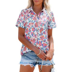 imagesiliteelon Womens Button Down Shirts Short Sleeve Summer Linen V Neck Collared Hawaiian Floral Print Casual Blouse TopsHot Pink Floral