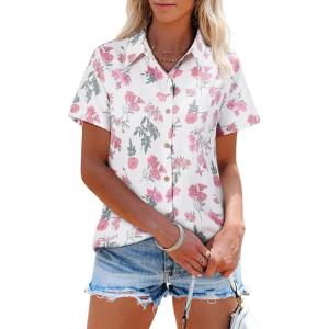 imagesiliteelon Womens Button Down Shirts Short Sleeve Summer Linen V Neck Collared Hawaiian Floral Print Casual Blouse TopsPink Green Flower