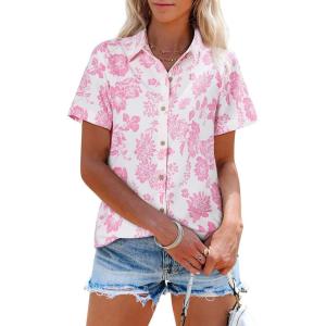 imagesiliteelon Womens Button Down Shirts Short Sleeve Summer Linen V Neck Collared Hawaiian Floral Print Casual Blouse TopsWhite Pink Floral