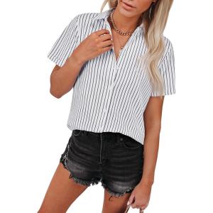 imagesiliteelon Womens Cotton Button Down Shirts Short Sleeve Striped Fitted Dress Shirt Collared Blouse Office Work TopBlack and White