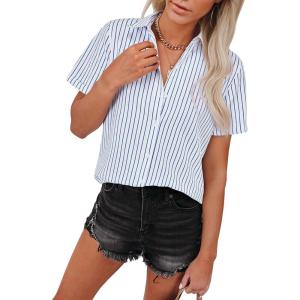 imagesiliteelon Womens Cotton Button Down Shirts Short Sleeve Striped Fitted Dress Shirt Collared Blouse Office Work TopBlue and White