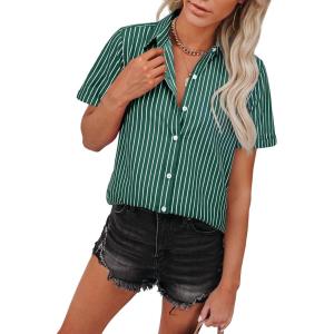 imagesiliteelon Womens Cotton Button Down Shirts Short Sleeve Striped Fitted Dress Shirt Collared Blouse Office Work TopGreen Striped