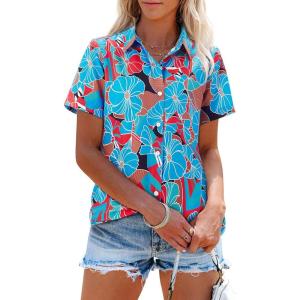 imagesiliteelon Womens Short Sleeve Button Down Shirts Summer Blouses Casual Tops Hawaiian Tropical Floral Printed Camp ShirtsA Blue Brown Printed