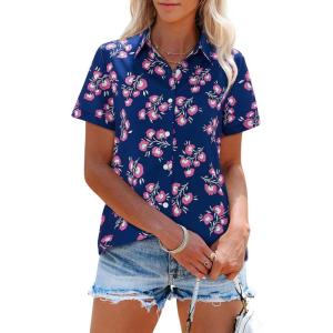imagesiliteelon Womens Short Sleeve Button Down Shirts Summer Blouses Casual Tops Hawaiian Tropical Floral Printed Camp ShirtsB Navy and Pink Floral