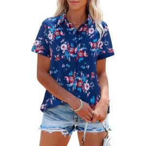 imagesiliteelon Womens Short Sleeve Button Down Shirts Summer Blouses Casual Tops Hawaiian Tropical Floral Printed Camp ShirtsDark Blue Pink Flower