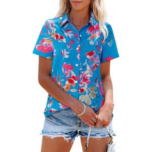 imagesiliteelon Womens Short Sleeve Button Down Shirts Summer Blouses Casual Tops Hawaiian Tropical Floral Printed Camp ShirtsF Blue Pink Flower