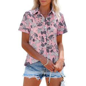 imagesiliteelon Womens Short Sleeve Button Down Shirts Summer Blouses Casual Tops Hawaiian Tropical Floral Printed Camp ShirtsPink Black Printed