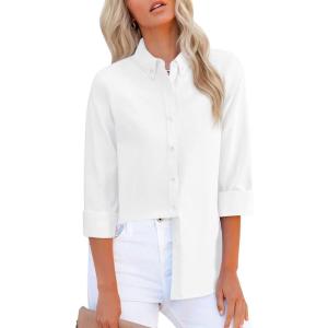 imagesiliteelon Fitted Button Down Shirts for Women Oxford Shirt Cotton Dress Shirts Collared Long Sleeve Wrinkle Free Blouse TopsA White