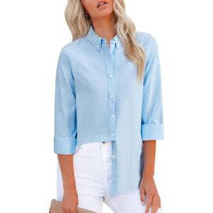 imagesiliteelon Fitted Button Down Shirts for Women Oxford Shirt Cotton Dress Shirts Collared Long Sleeve Wrinkle Free Blouse TopsAll Baby Blue