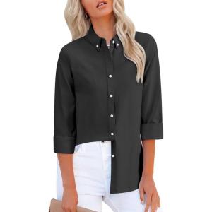 imagesiliteelon Fitted Button Down Shirts for Women Oxford Shirt Cotton Dress Shirts Collared Long Sleeve Wrinkle Free Blouse TopsAll Black