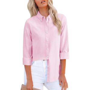 imagesiliteelon Fitted Button Down Shirts for Women Oxford Shirt Cotton Dress Shirts Collared Long Sleeve Wrinkle Free Blouse TopsAll Pink