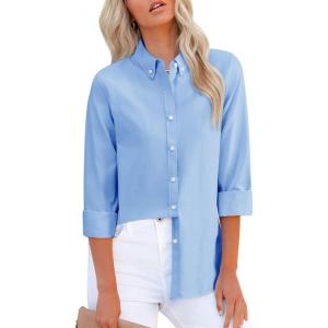 imagesiliteelon Fitted Button Down Shirts for Women Oxford Shirt Cotton Dress Shirts Collared Long Sleeve Wrinkle Free Blouse TopsBlue