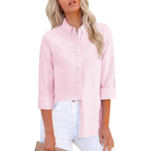 imagesiliteelon Fitted Button Down Shirts for Women Oxford Shirt Cotton Dress Shirts Collared Long Sleeve Wrinkle Free Blouse TopsD Light Pink
