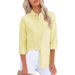 imagesiliteelon Fitted Button Down Shirts for Women Oxford Shirt Cotton Dress Shirts Collared Long Sleeve Wrinkle Free Blouse TopsD Light Yellow