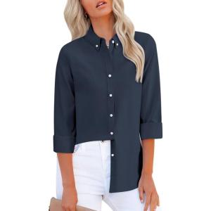 imagesiliteelon Fitted Button Down Shirts for Women Oxford Shirt Cotton Dress Shirts Collared Long Sleeve Wrinkle Free Blouse TopsD Navy Blue