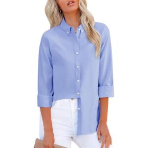 imagesiliteelon Fitted Button Down Shirts for Women Oxford Shirt Cotton Dress Shirts Collared Long Sleeve Wrinkle Free Blouse TopsD Purplish Blue