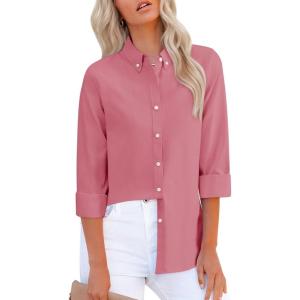 imagesiliteelon Fitted Button Down Shirts for Women Oxford Shirt Cotton Dress Shirts Collared Long Sleeve Wrinkle Free Blouse TopsD Rose Pink