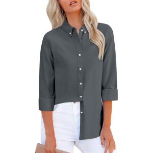 imagesiliteelon Fitted Button Down Shirts for Women Oxford Shirt Cotton Dress Shirts Collared Long Sleeve Wrinkle Free Blouse TopsDark Gray
