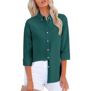 imagesiliteelon Fitted Button Down Shirts for Women Oxford Shirt Cotton Dress Shirts Collared Long Sleeve Wrinkle Free Blouse TopsDark Green