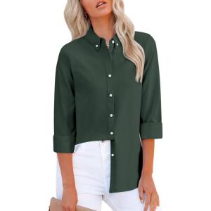 imagesiliteelon Fitted Button Down Shirts for Women Oxford Shirt Cotton Dress Shirts Collared Long Sleeve Wrinkle Free Blouse TopsDark Olive